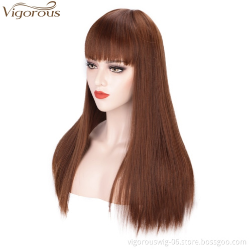 Vigorous Good Quality  High Temperature Long Straight Synthetic Hair Wigs for Women Brown Wigs With Bangs Wholesale